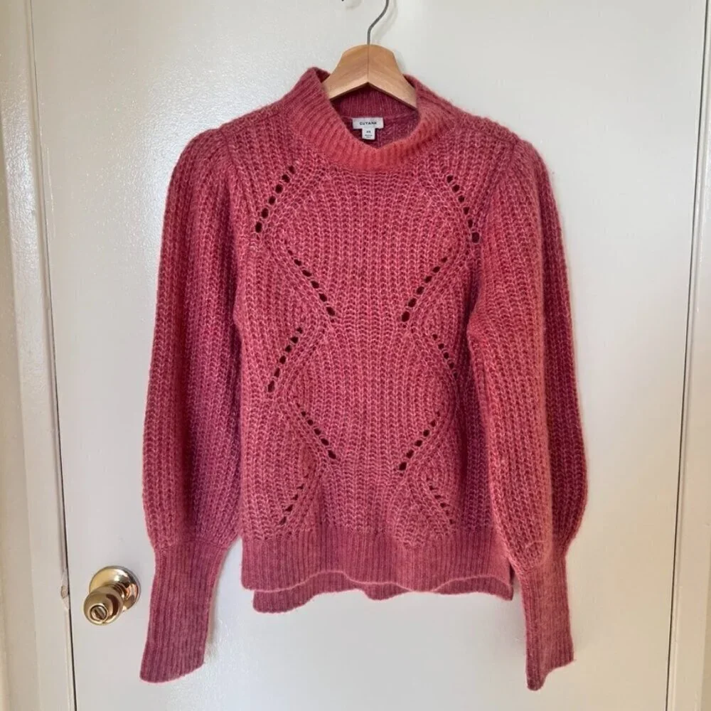 Cuyana Pink Alpaca Wool Blend Balloon Sleeve Open Knit Sweater XS​​​​​​​
